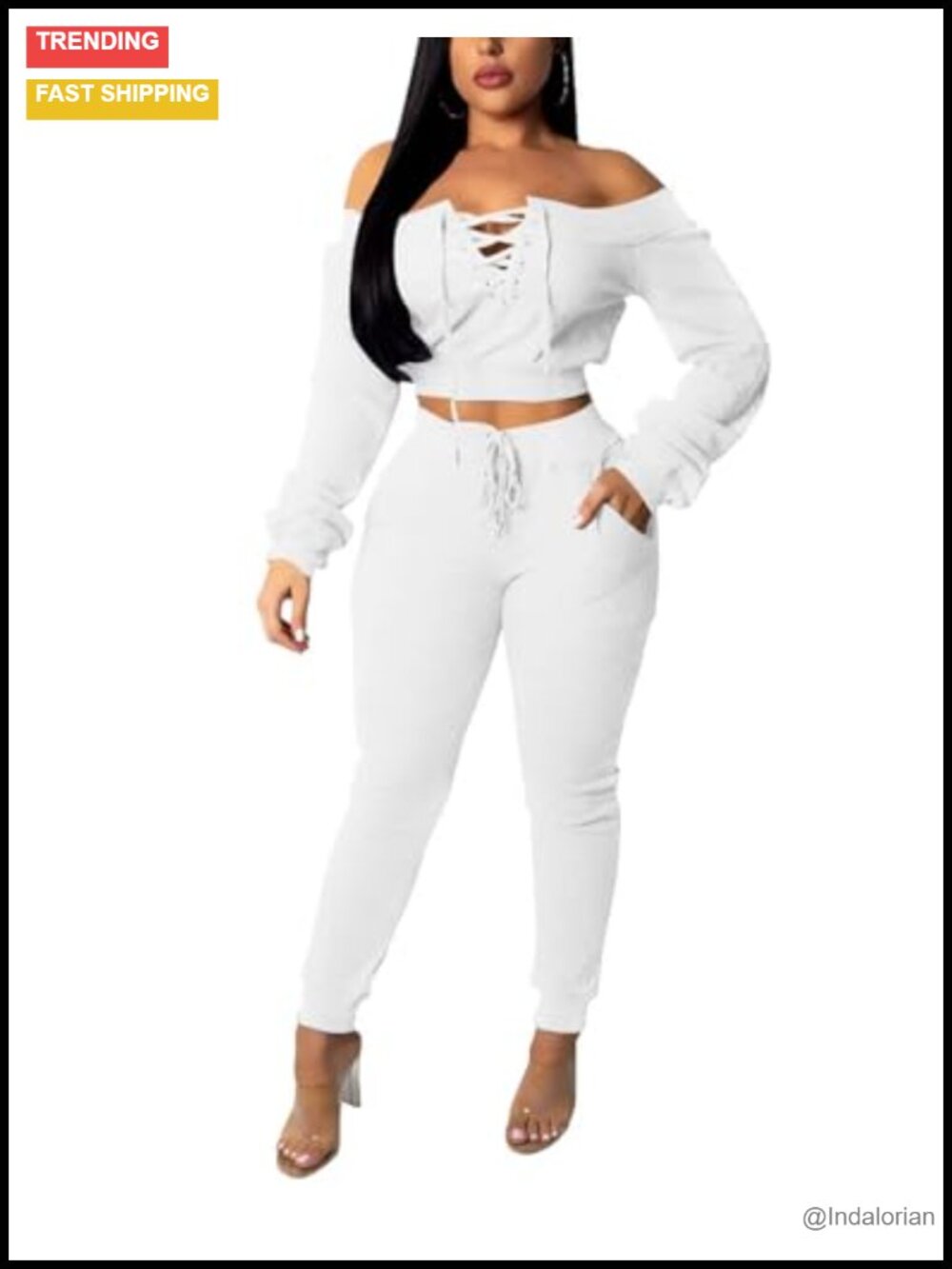 Women 2 Piece Outfits Off Shoulder Crop Top & High Waist Pants Set